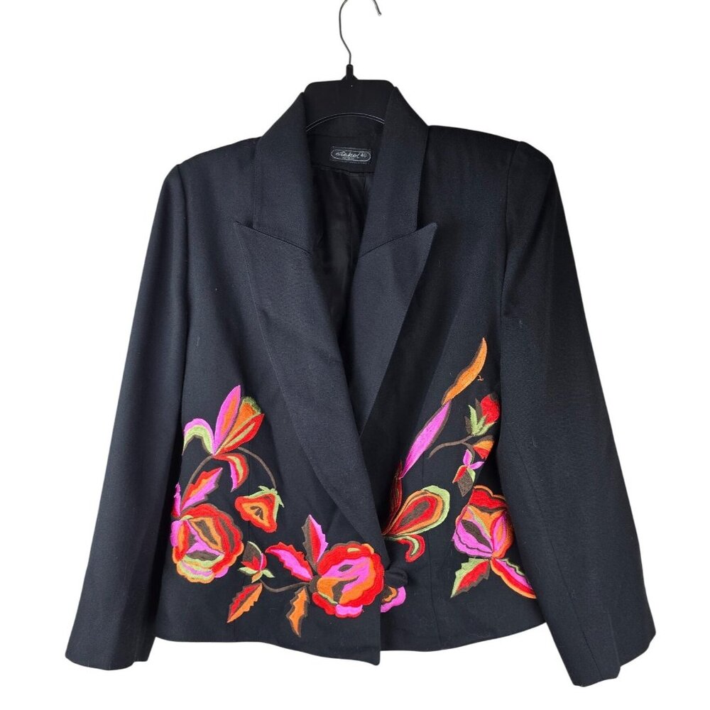 Vintage Wool Blend Black‎ Boho Embroidered Floral Blazer Sz M/40 By Atakol